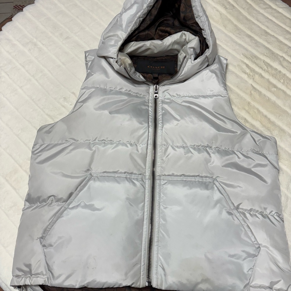 Coach Light Gray Puffer Vest With Brown Lining - image 1